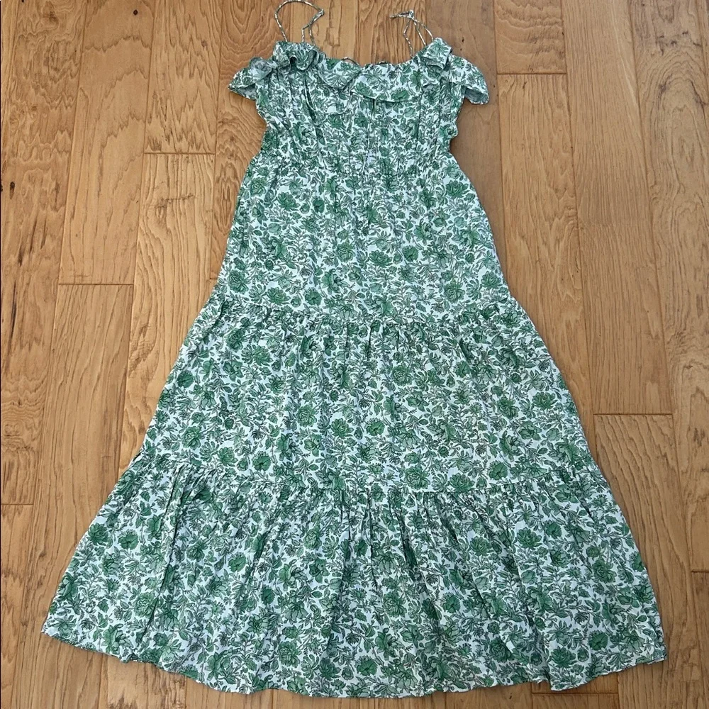 J. Crew NWT Tiered Maxi Dress in Tossed Floral Green Spaghetti Straps Pockets - Picture 9 of 10